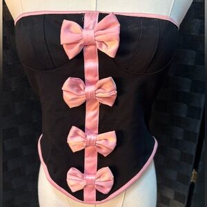 Black Strapless Crop Top with Pink Satin Bows